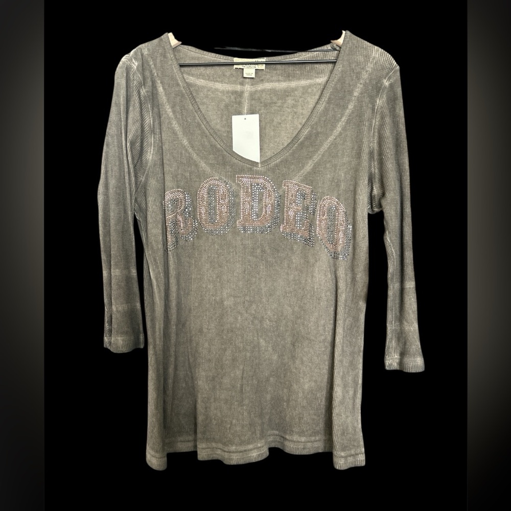 ONE WORLD brown V-Neck Blouse with Embellished Design